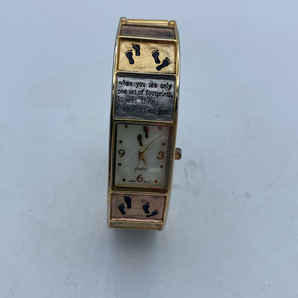 Women’s Quartz goldtone Footsteps phrase  spiritual cuff watch needs battery